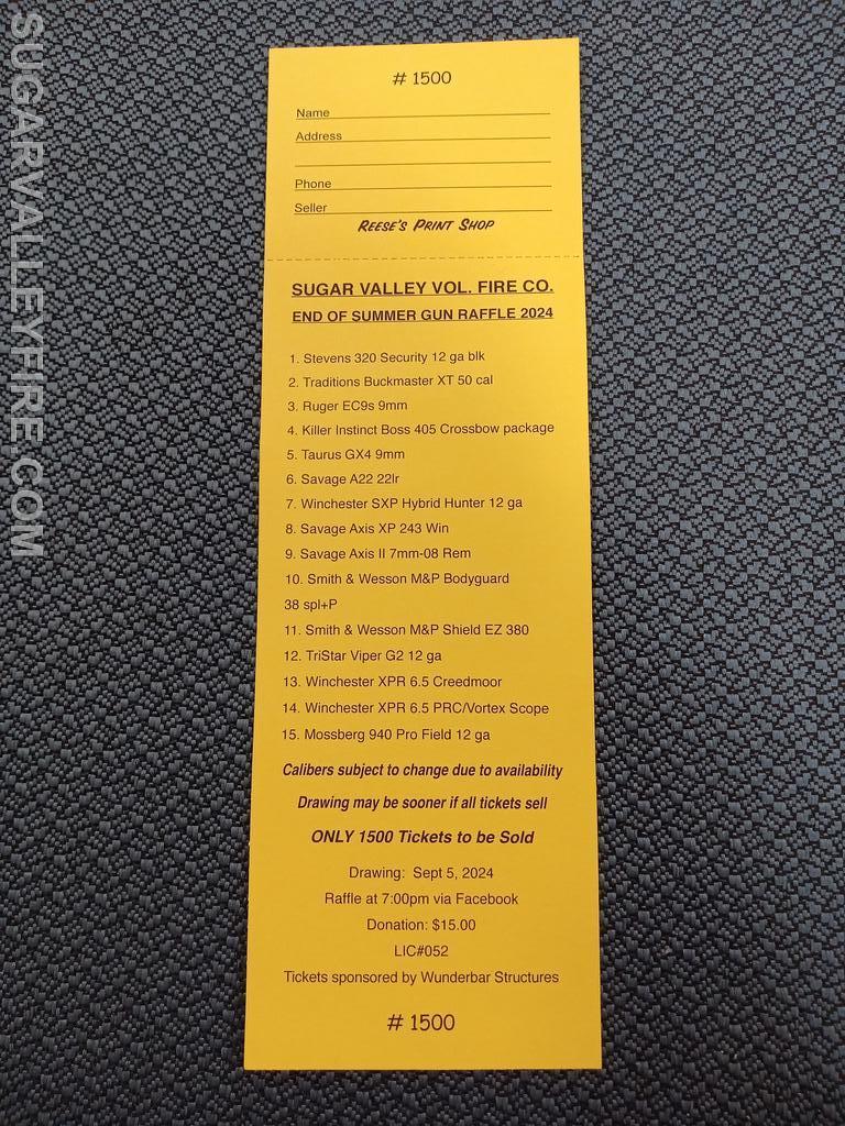 2024 End Of Summer Gun Raffle Sugar Valley Community Fire Company